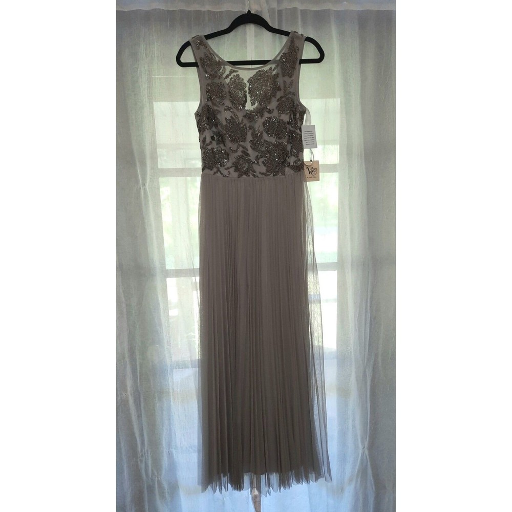 Viloa Chan Gray Beaded Evening Gown With Tulle Skirt Womens Size 6 NWT